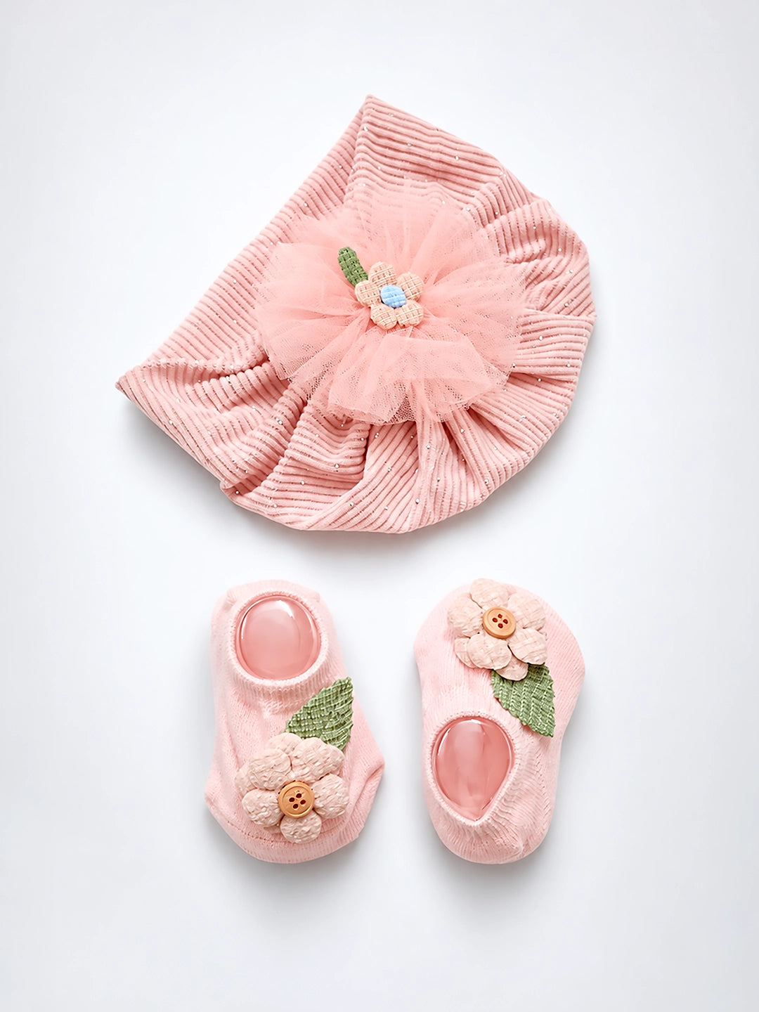 Pink Floral Turban Cap & Booties Gift Set | Baby Girls | 0–12 Months