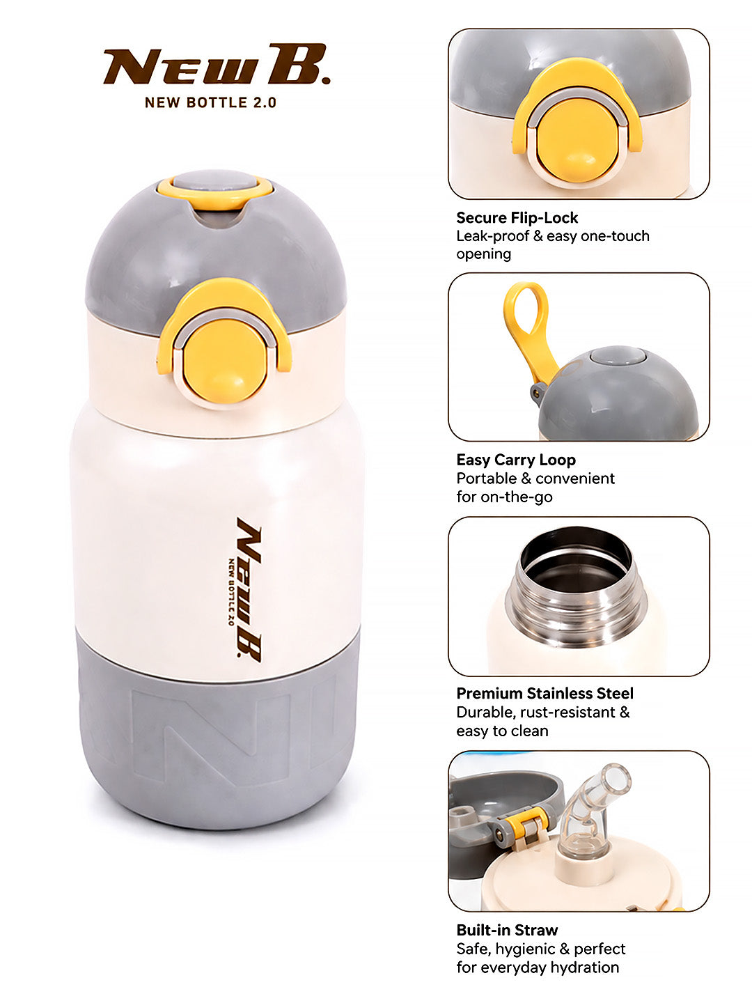 Grey & Yellow Stainless Steel Kids Water Bottle — 480ml | Flip-Lock Straw Lid & Carry Loop