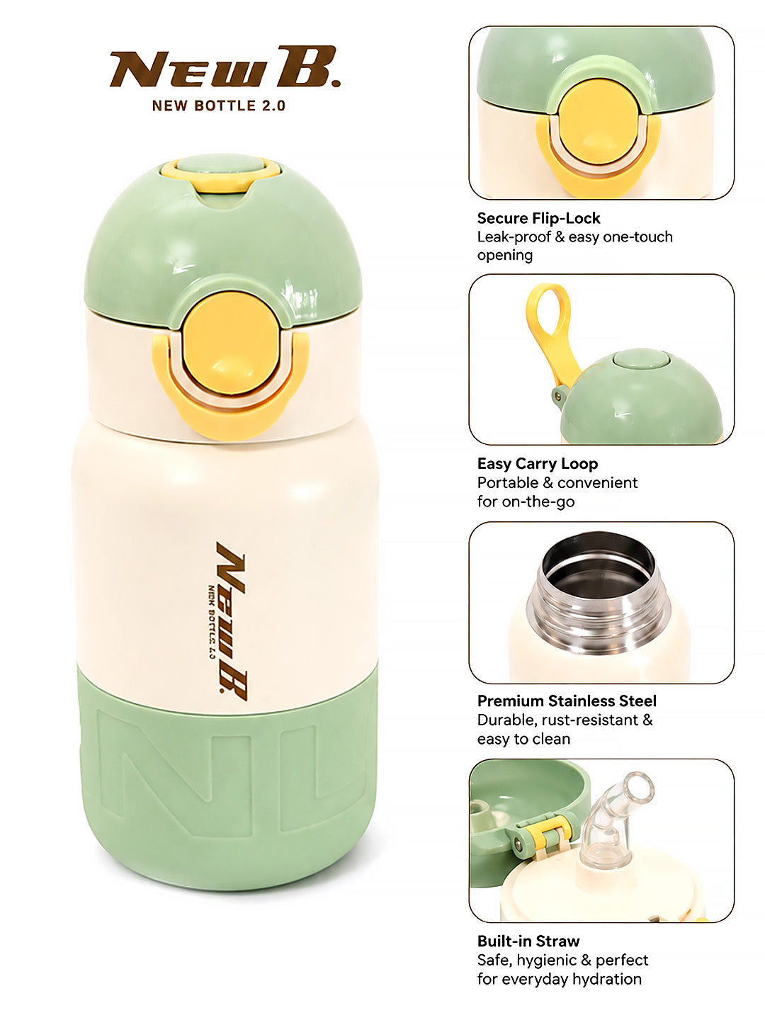 Olive Green Kids Stainless Steel Water Bottle — 480ml | Flip Lid & Straw