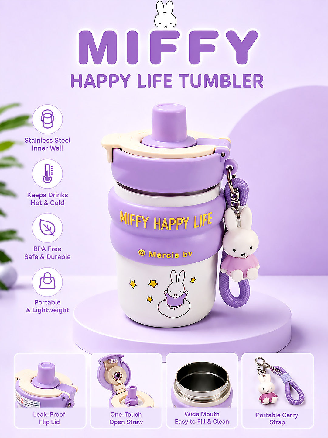 Miffy Happy Life Kids Stainless Steel Tumbler — 480ml | Dual Lid, Infuser & Carry Strap