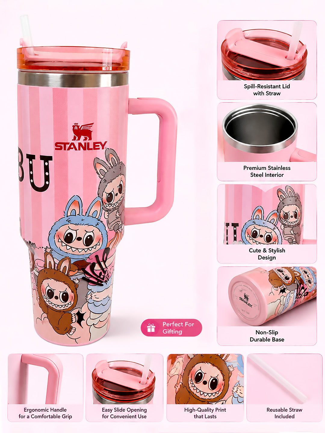 Pink Labubu Stainless Steel Kids Tumbler — 40oz / 1.18L | Straw Lid & Handle