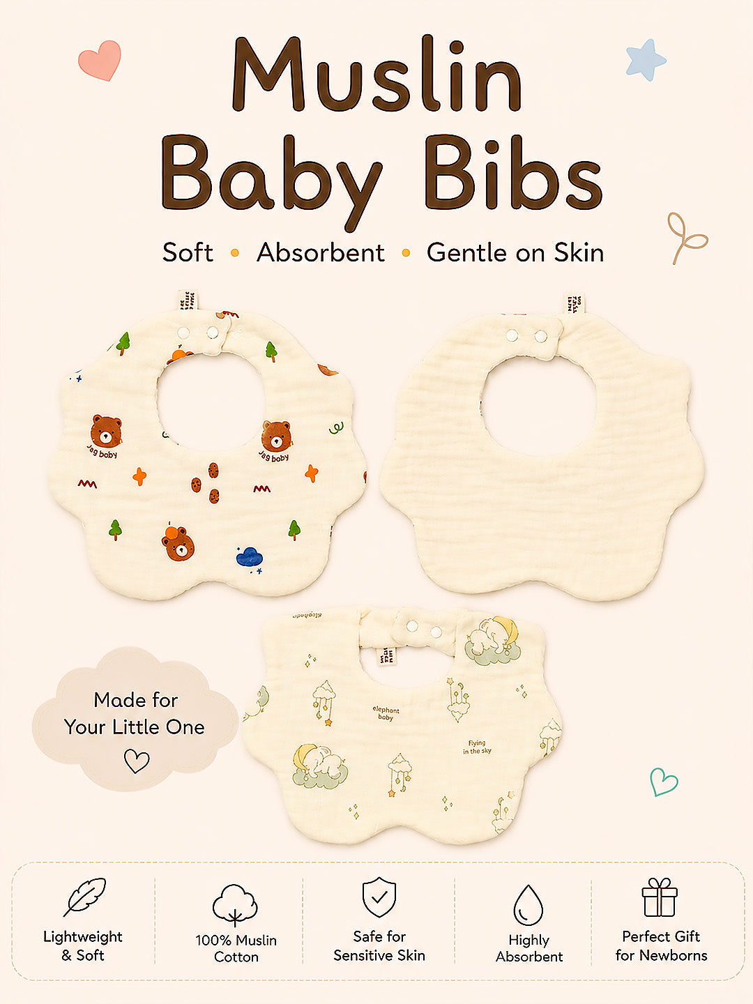 Bear, Elephant & Forest 3-Piece Muslin Baby Bibs | Snap Closure | Drool & Feeding Bib
