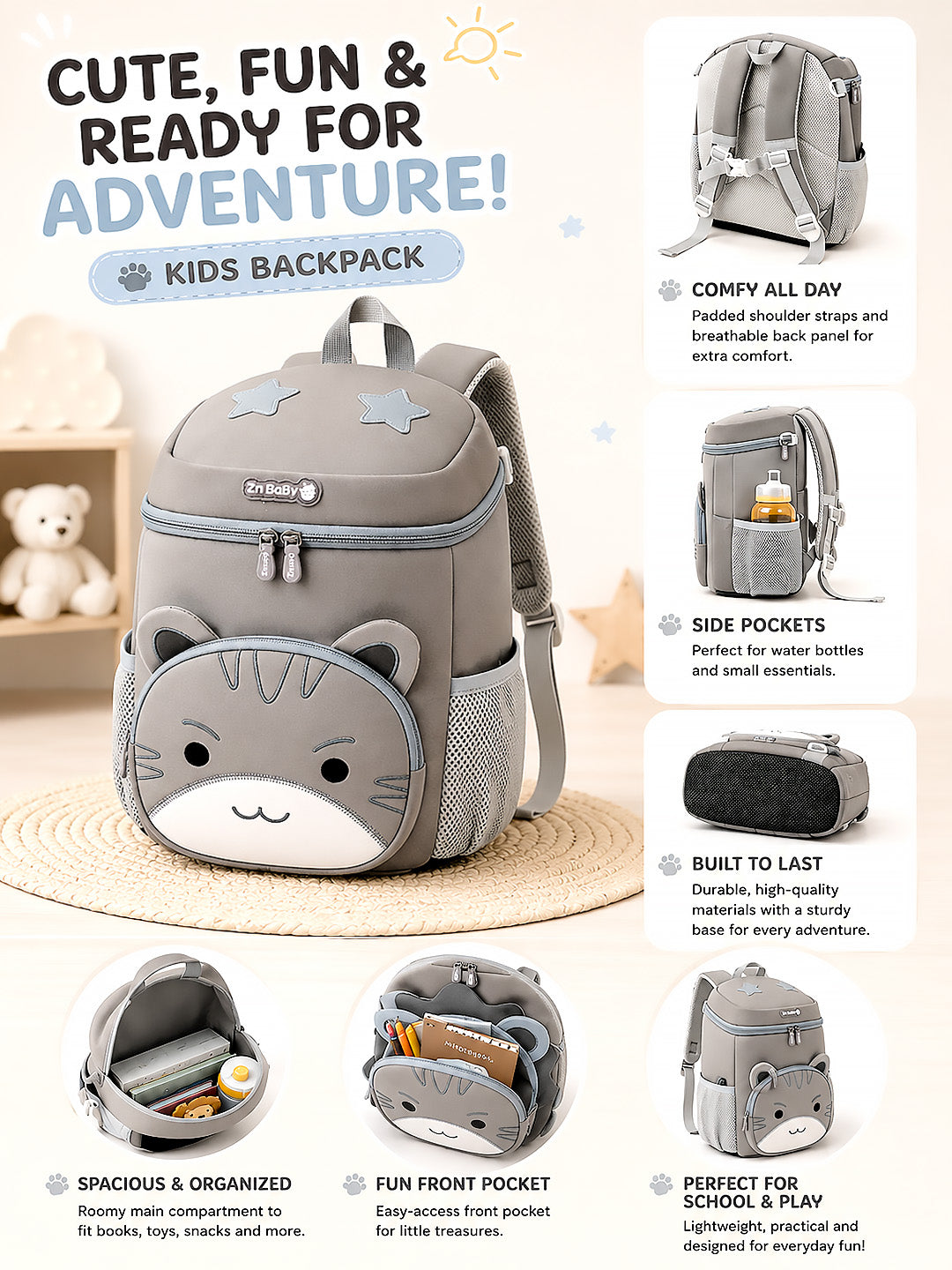 3D Cat Toddler & Kids Backpack with Safety Leash – Gray