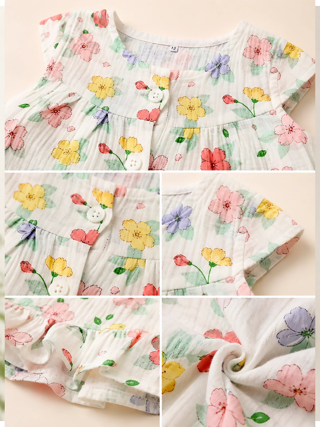 Floral Muslin Cotton Baby Frock | Cap Sleeve & Ruffle Hem | Button Placket | 0–6 Months