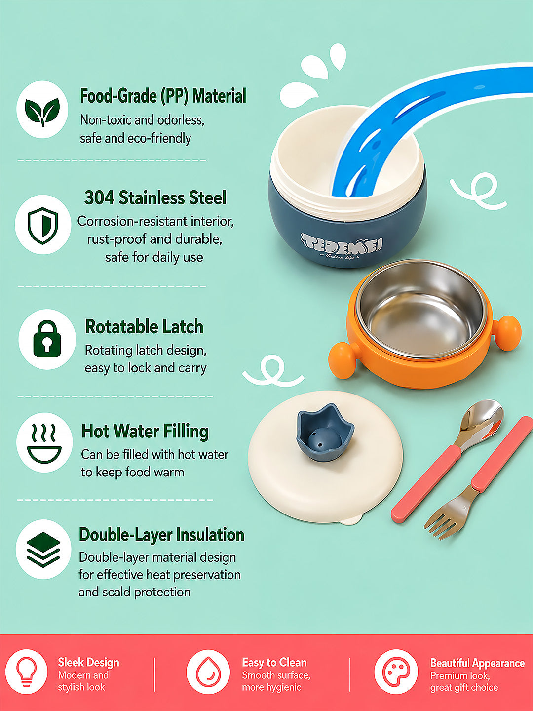 Kids Insulated Stainless Steel Lunch Bowl | Hot Water Warm-Keep | Fork & Spoon Included