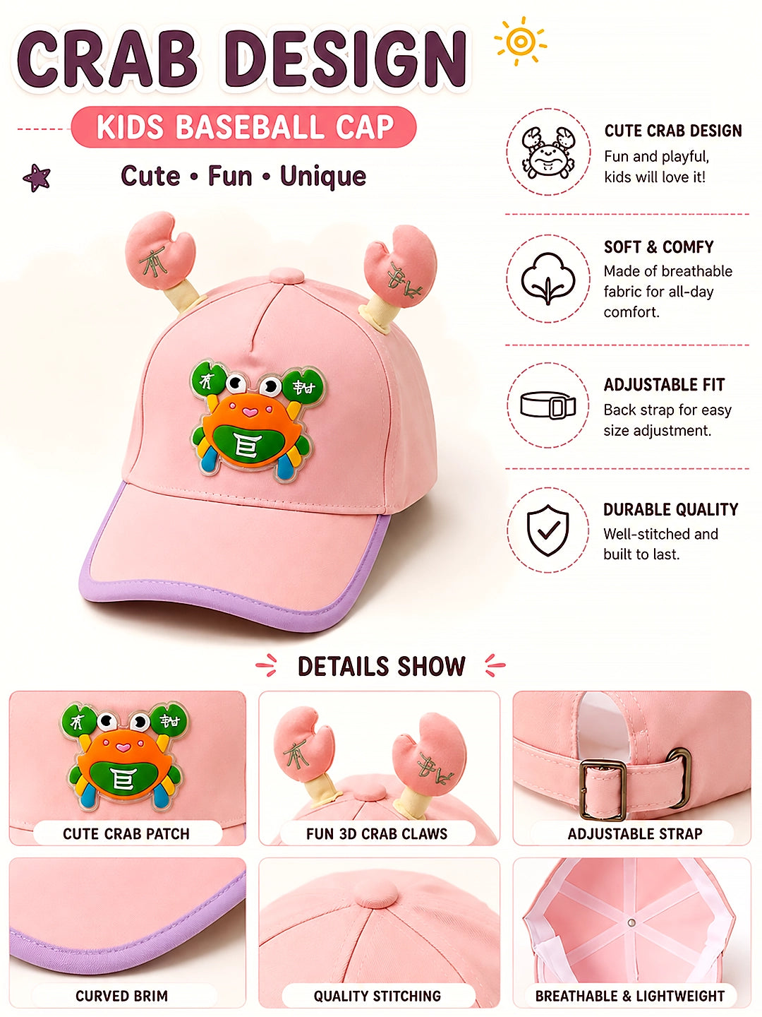 Pink 3D Crab Kids Baseball Cap | Adjustable Strap | Girls 2–6 Years