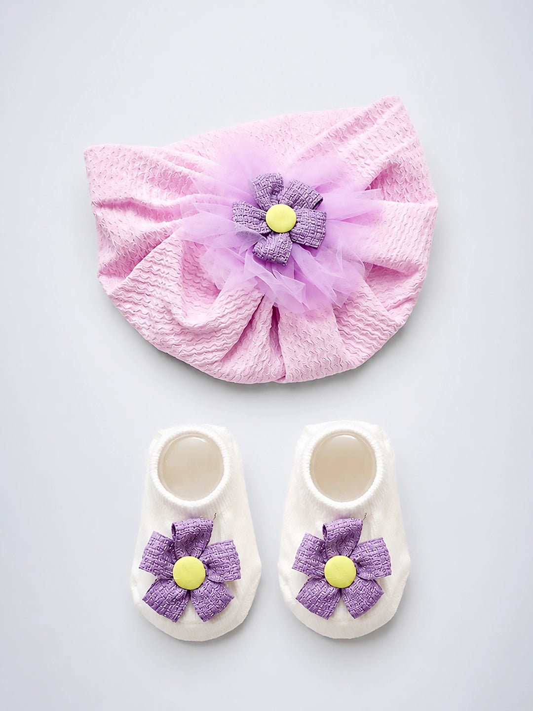 Pink Floral Turban Cap & Daisy Booties Set | Soft & Breathable | Baby Girls 0–12 Months