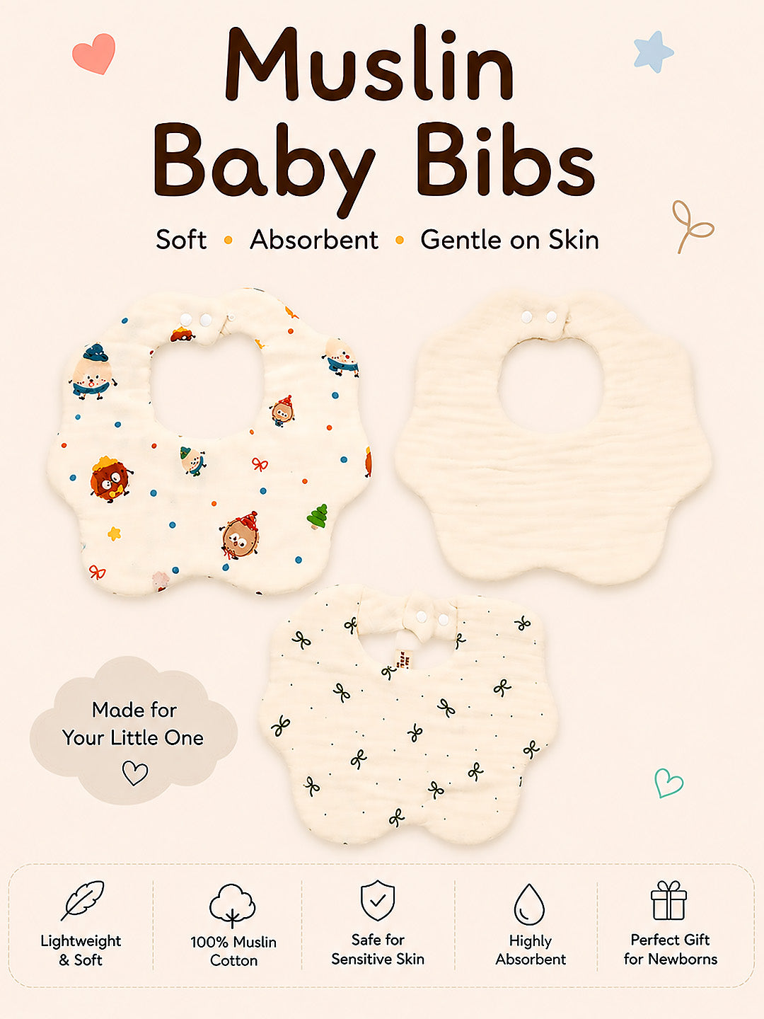 Floral, Bow & Character Print 3-Piece Muslin Baby Bibs | Snap Closure | Drool & Burp Bib
