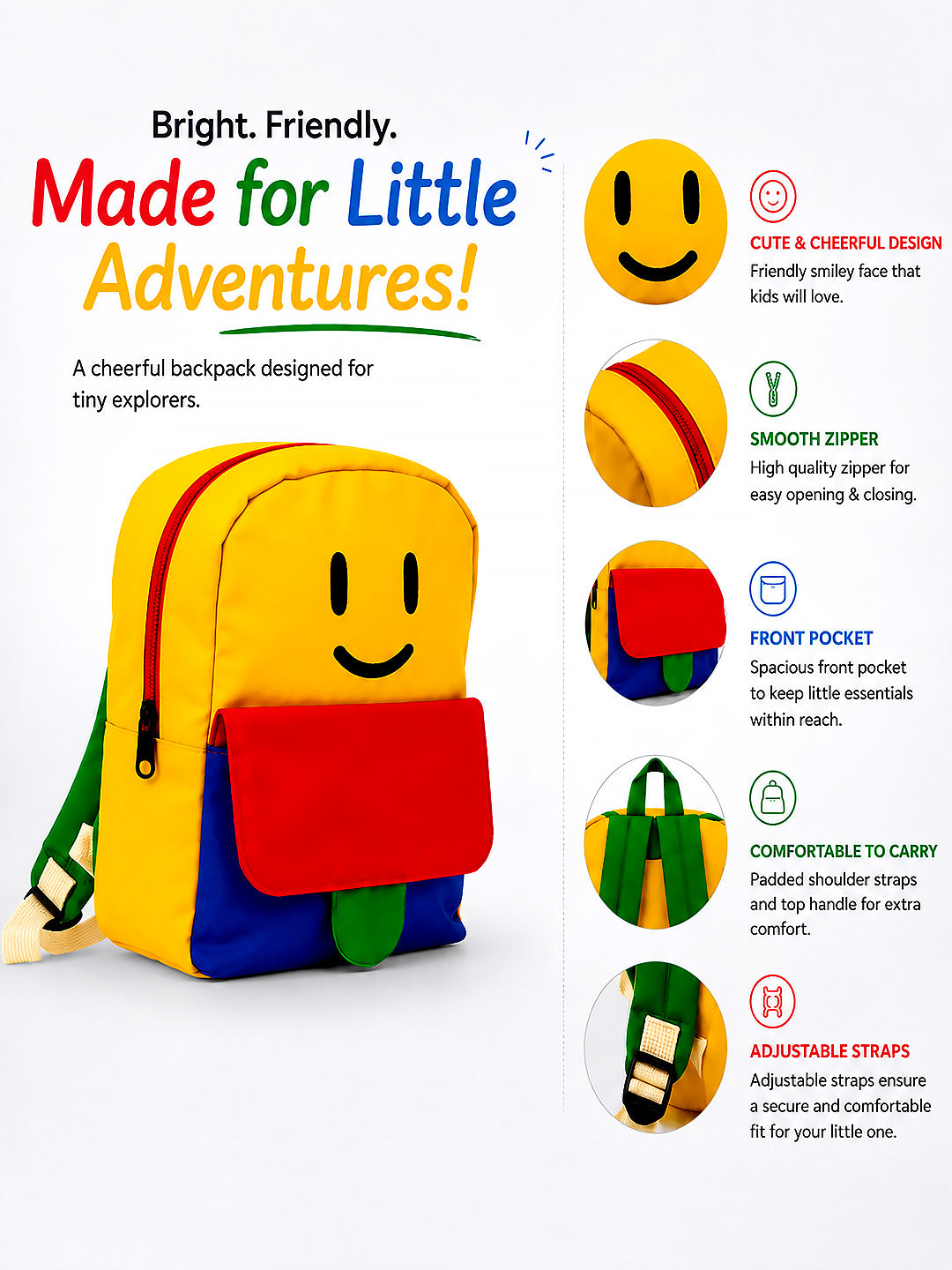 Smiley Face Kids Backpack – Bright Multicolour Toddler & Kids School Bag with Safety Leash