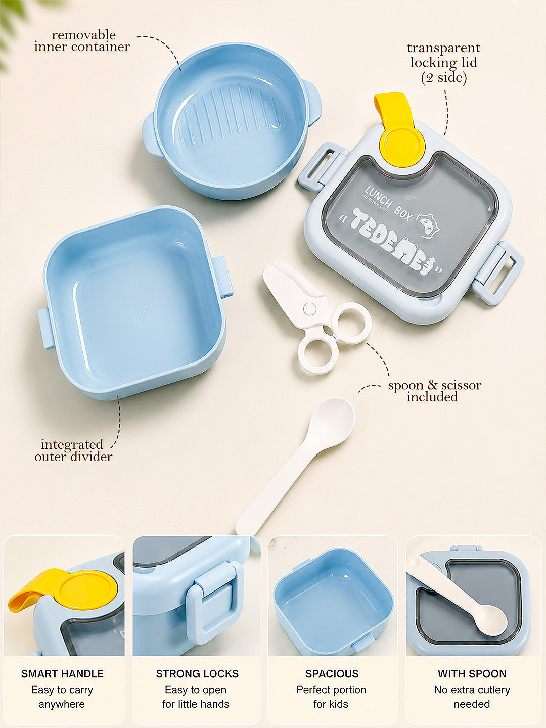 2-Tier Kids Lunch Box | Removable Inner Bowl | Spoon & Scissor Included | BPA-Free