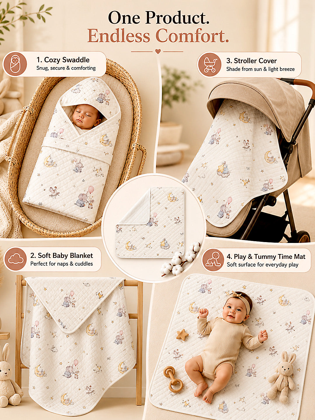 Dreamy Elephant & Bunny 6-Layer Muslin Cotton Baby Swaddle Blanket | 4-in-1 | 85×85 cm