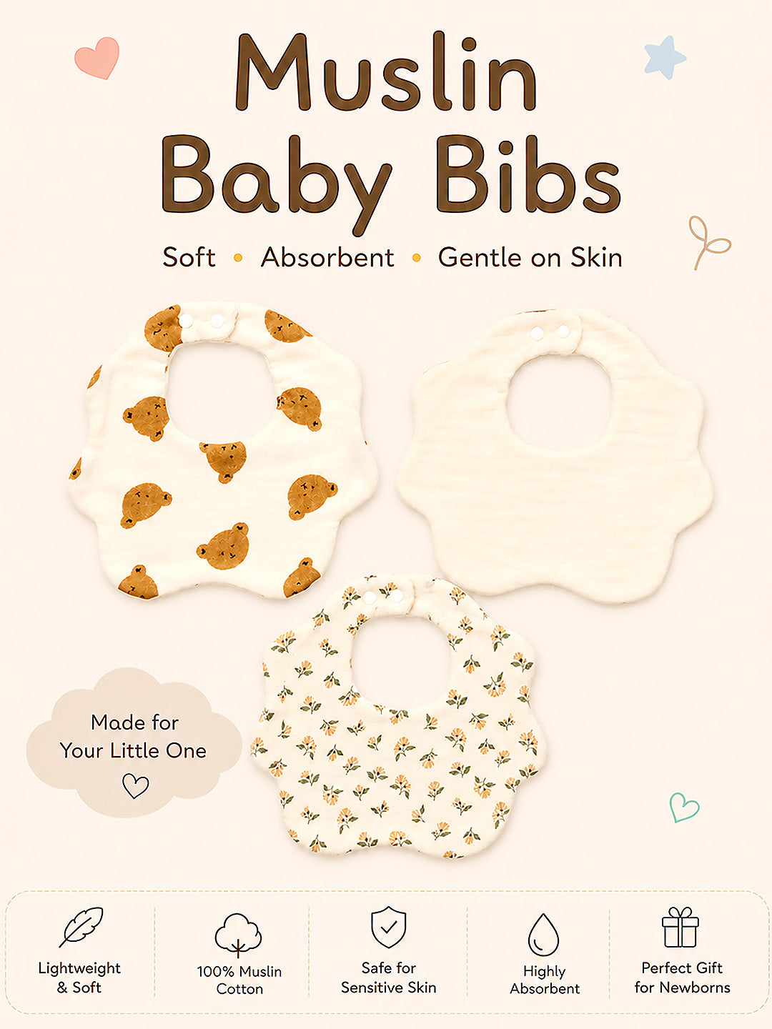 Bear, Floral & Polka Dot 3-Piece Muslin Cotton Baby Bibs | Snap Closure | Drool & Burp Bib