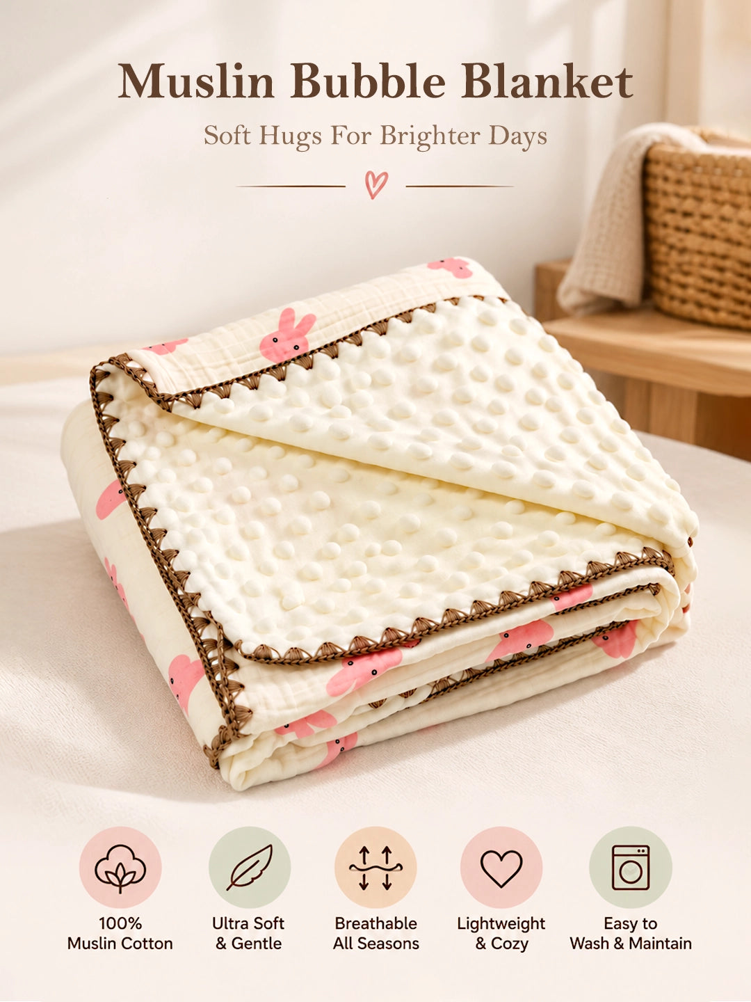 Pink Bunny Hop Super Soft Muslin Cotton Baby Blanket | All-Season | 102×102 cm