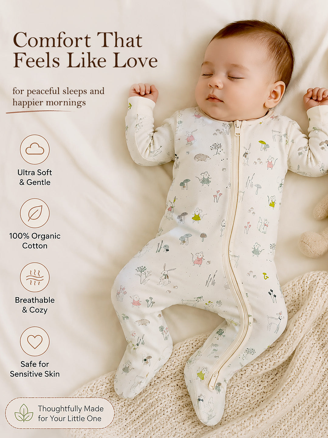 Woodland Friends Baby Romper | Full Sleeve | Two-Way Zipper | With Footies | 100% Organic Cotton | 0–18 Months