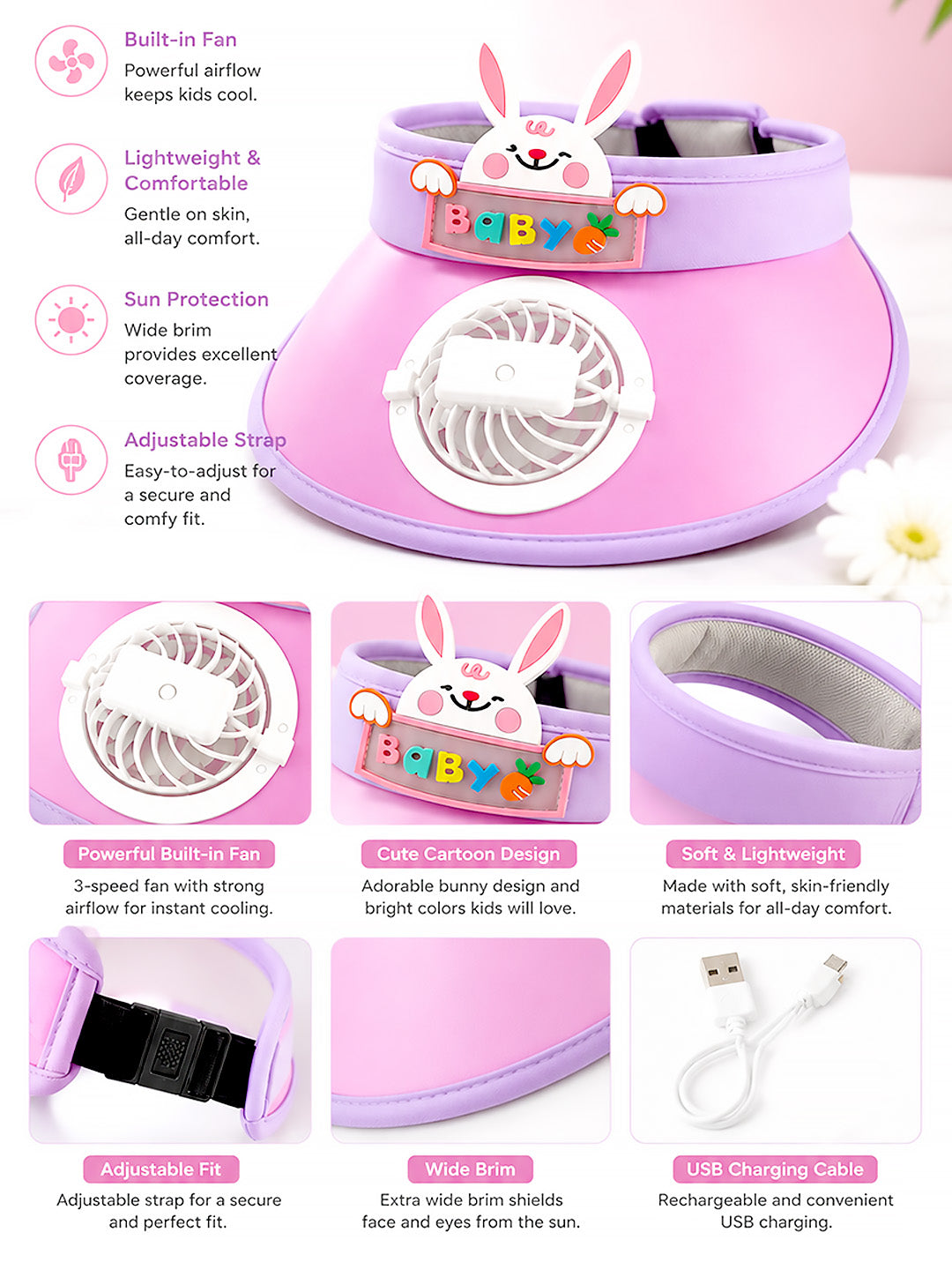 Pink Purple 3D Bunny Kids Sun Visor Cap with Built-In Fan | Adjustable | Girls 2–6 Years