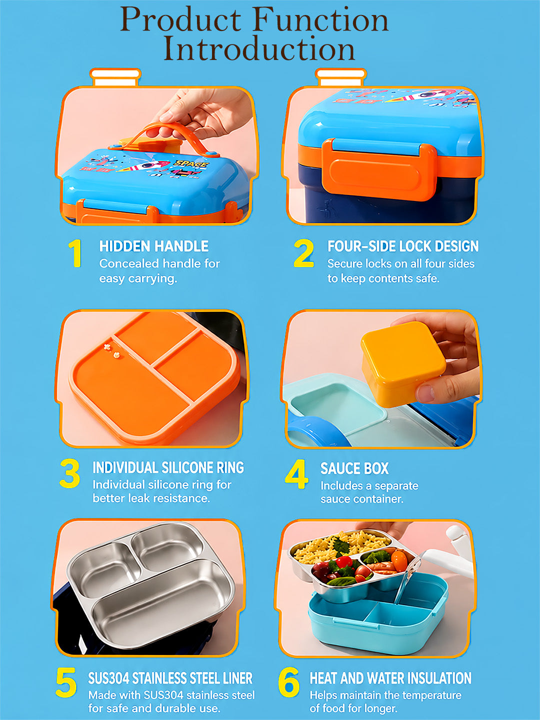 Rocket "To Fly Time" 2-Tier Kids Lunch Box | Stainless Steel | Leak-Proof | Spoon & Sauce Box Included