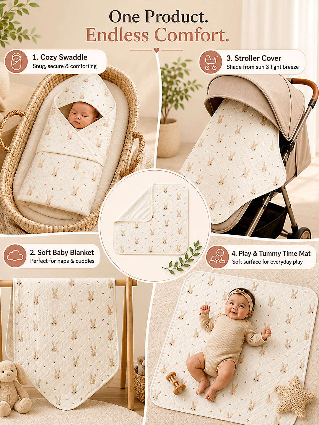 Bunny Garden 6-Layer Muslin Cotton Baby Swaddle Blanket | 4-in-1 | 85×85 cm