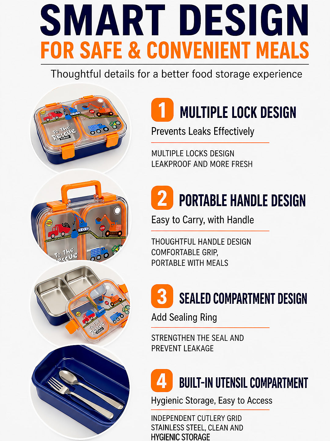 Kids Stainless Steel Lunch Box – Construction Trucks "To The Rescue" | Leakproof Bento Box with Cutlery