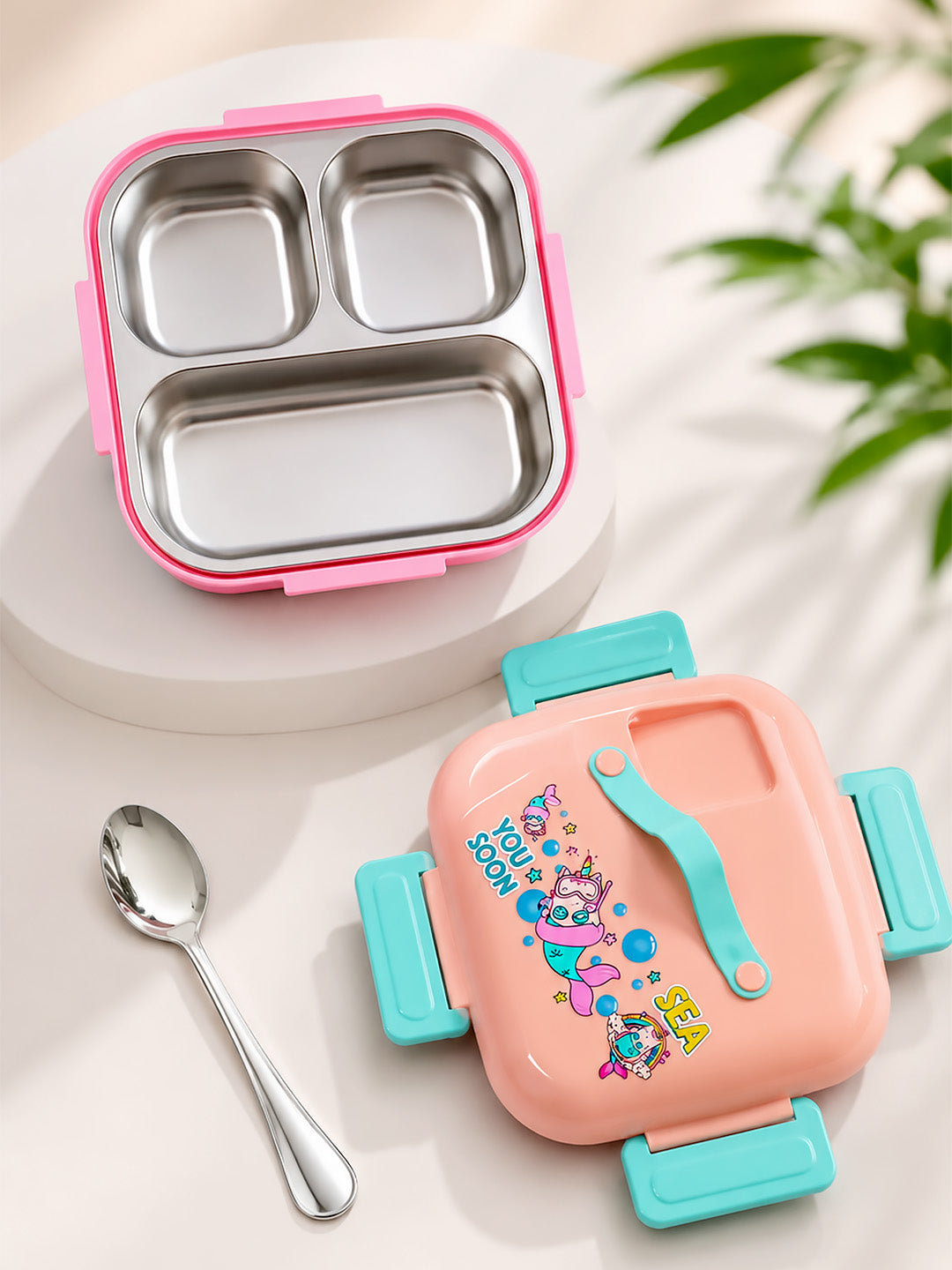 Mermaid Unicorn 2-Tier Kids Lunch Box | SUS304 Stainless Steel | Leak-Proof | Spoon & Sauce Box Included