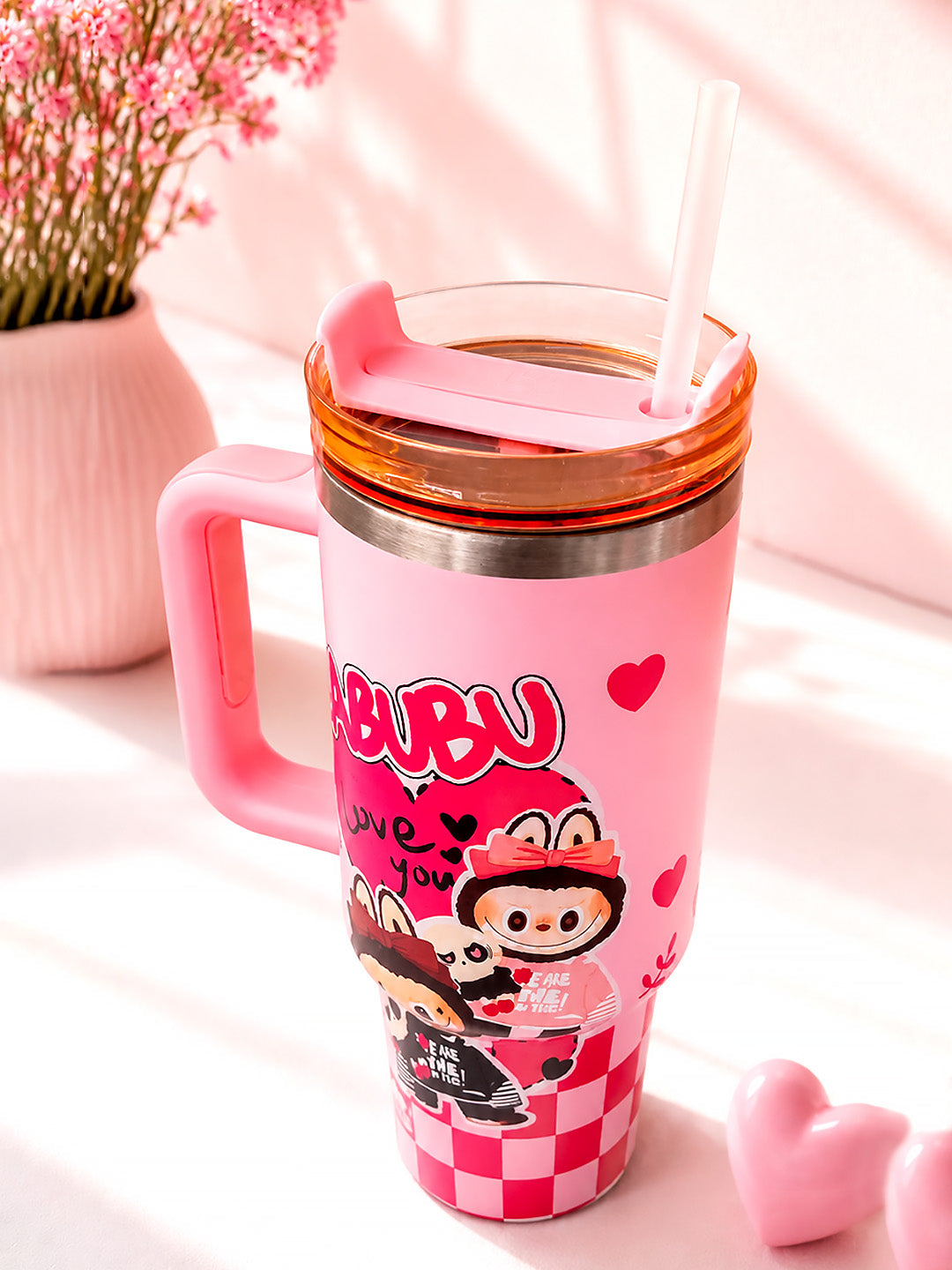 Pink Labubu Love Heart Stainless Steel Tumbler | Slide Lid & Reusable Straw