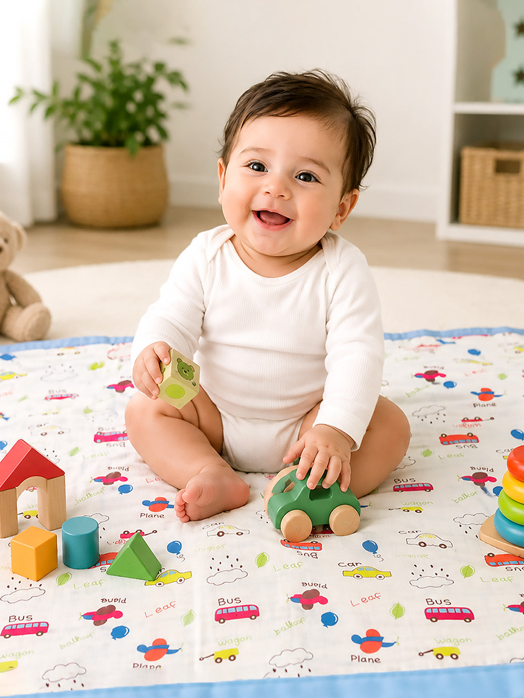 Little Vehicles 6-Layer Muslin Cotton Baby Blanket | All-Season | Blue Border | 110×110 cm