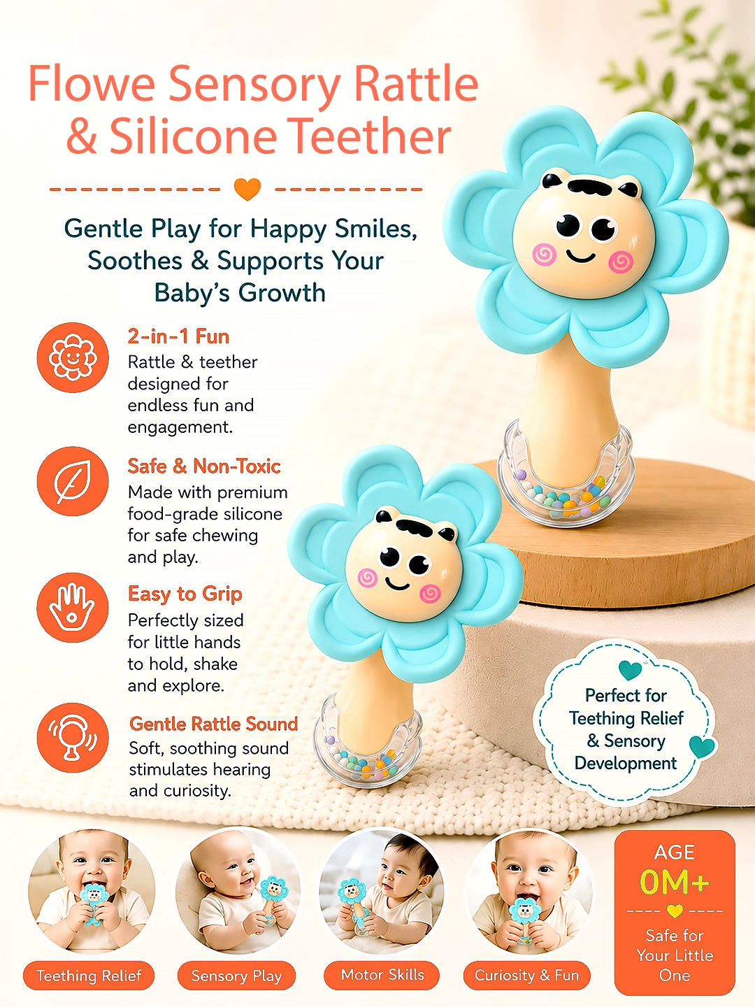Blue Flower 2-in-1 Baby Silicone Teether & Rattle | Soothes Gums | 0M+
