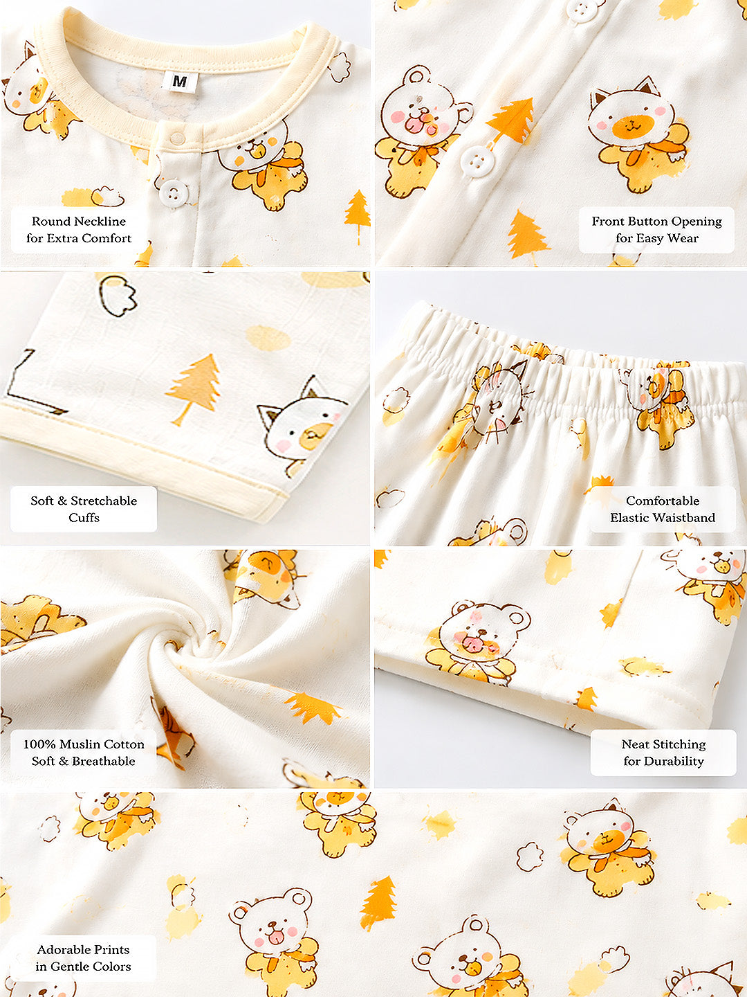 Forest Friends Baby Pyjama Set | 100% Muslin Cotton | Full Sleeve Top & Full Pants | 0–12 Months