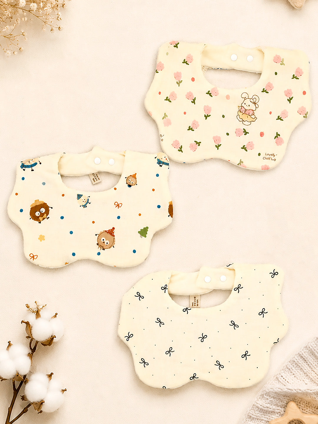 Floral, Bow & Character Print 3-Piece Muslin Baby Bibs | Snap Closure | Drool & Burp Bib
