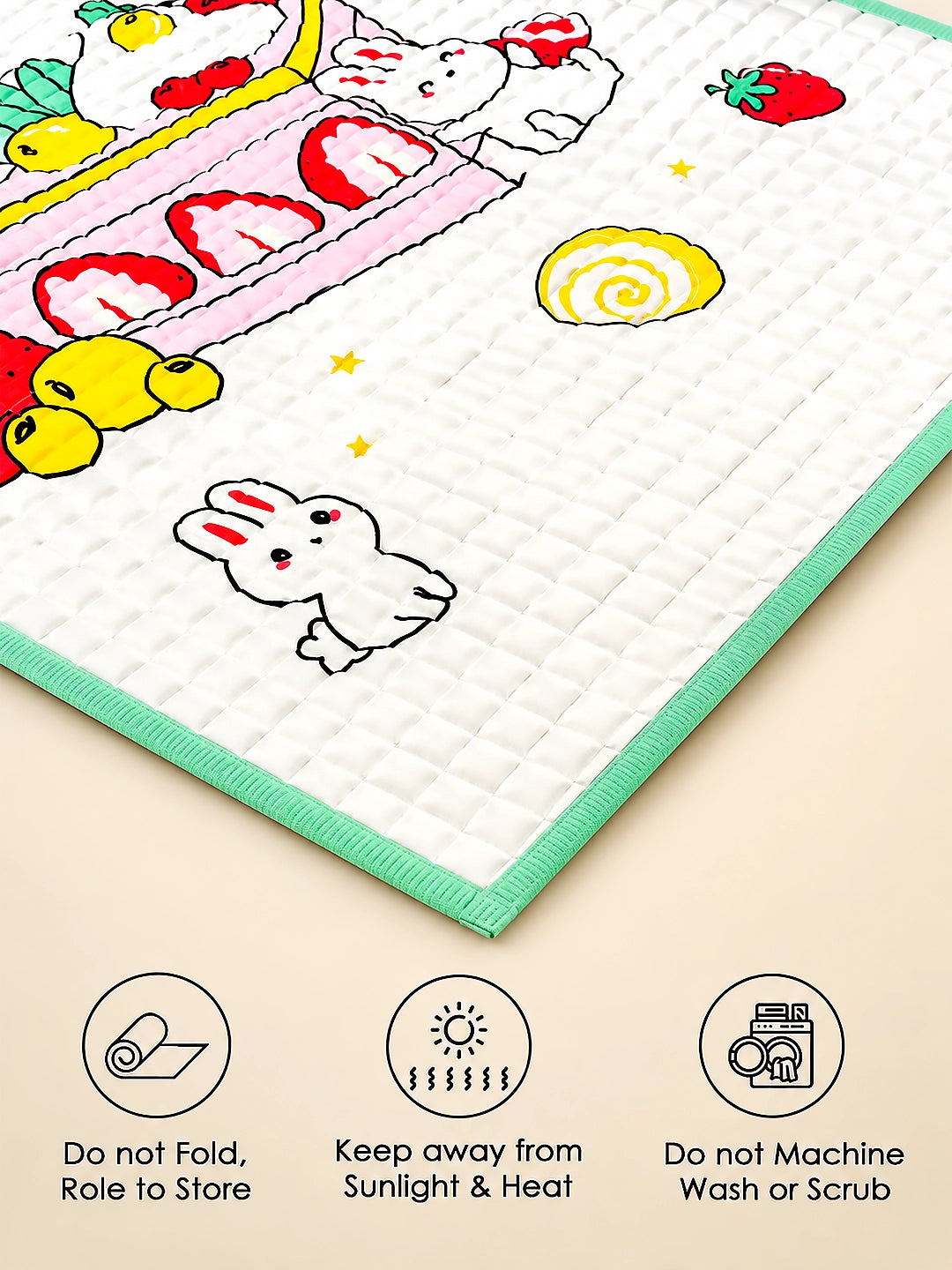 Baby Massage & Play Mat | Strawberry Bunny Print | Green | Waterproof Natural Latex
