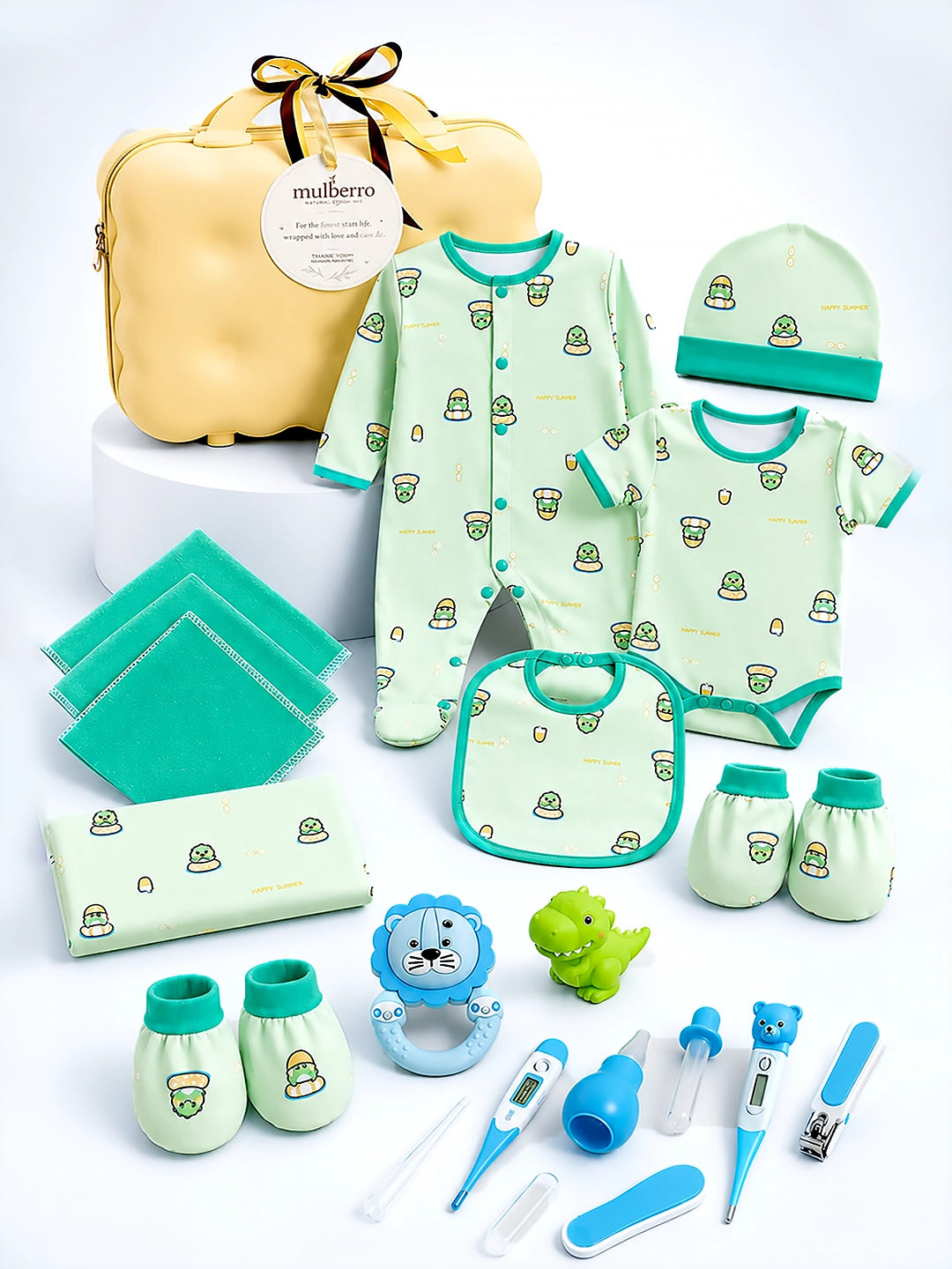 Newborn | Welcome Baby | 23-Piece Pure Cotton | Cute Dino | Yellow Suitcase | 0–3 Months