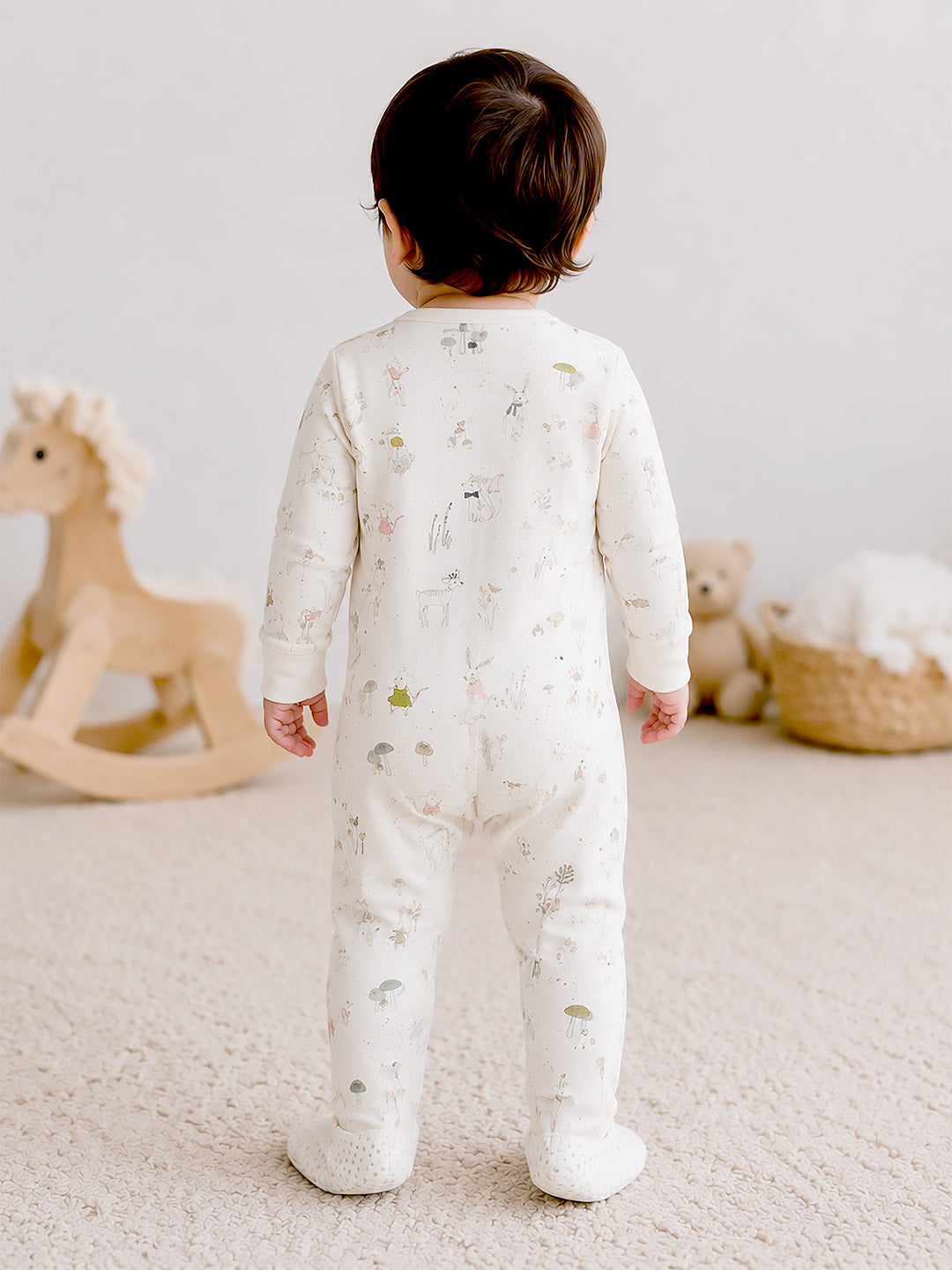 Woodland Friends Baby Romper | Full Sleeve | Two-Way Zipper | With Footies | 100% Organic Cotton | 0–18 Months
