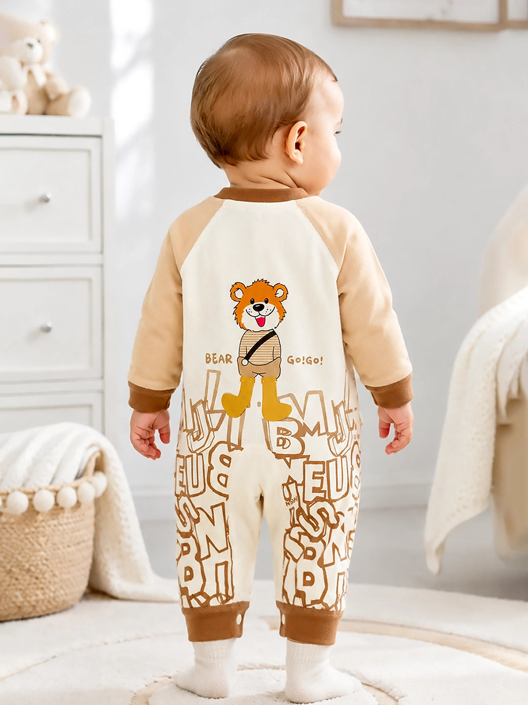 Beige Bear Baby Romper | Full Sleeve | Snap Button | Footless | Premium Cotton | 0–12 Months