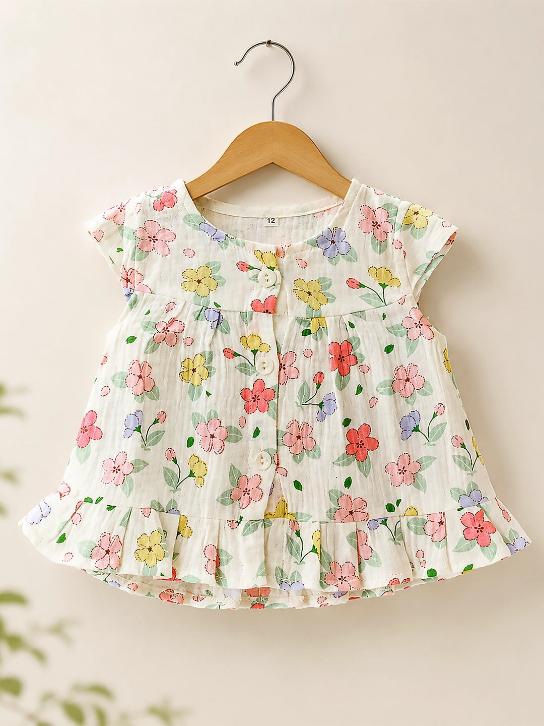 Floral Muslin Cotton Baby Frock | Cap Sleeve & Ruffle Hem | Button Placket | 0–6 Months