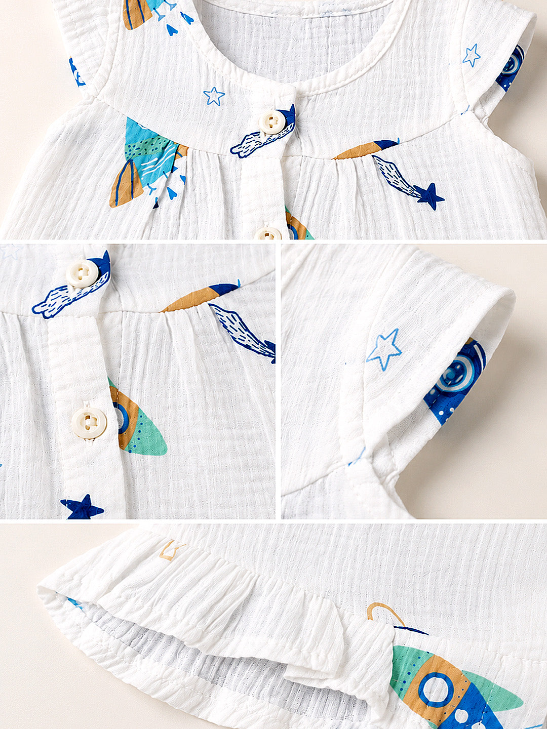 Space Rocket Baby Girl Muslin Frock | Flutter Sleeve | Ruffle Hem | 0–6 Months