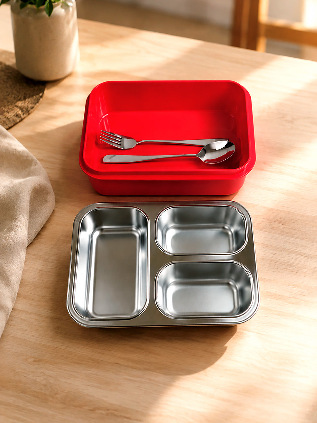 3-Compartment Kids Lunch Box | Stainless Steel | Leak-Proof | Fork & Spoon Included