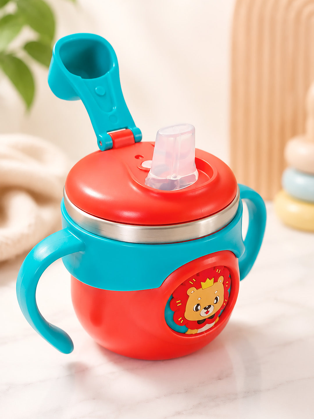 Lion King Stainless Steel Sipper Bottle for Babies & Toddlers — 250ml | Spill-Proof Spout & Flip-Top Straw with Dual Handles