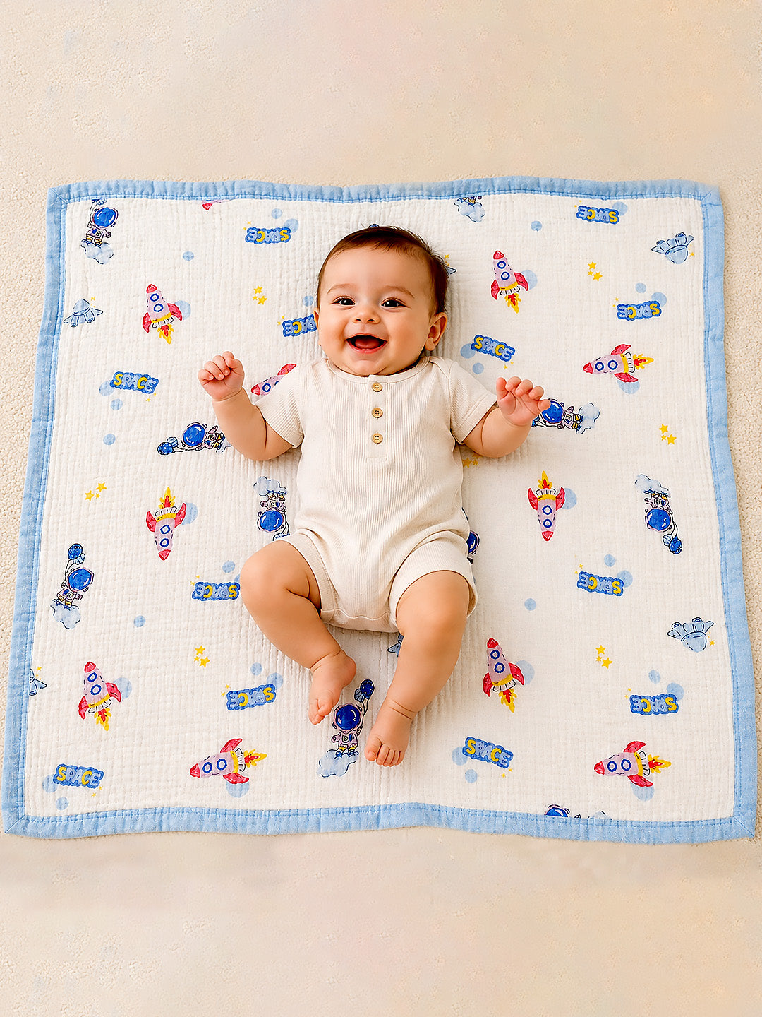 Space Adventure 6-Layer Muslin Cotton Baby Blanket | All-Season | 110×110 cm