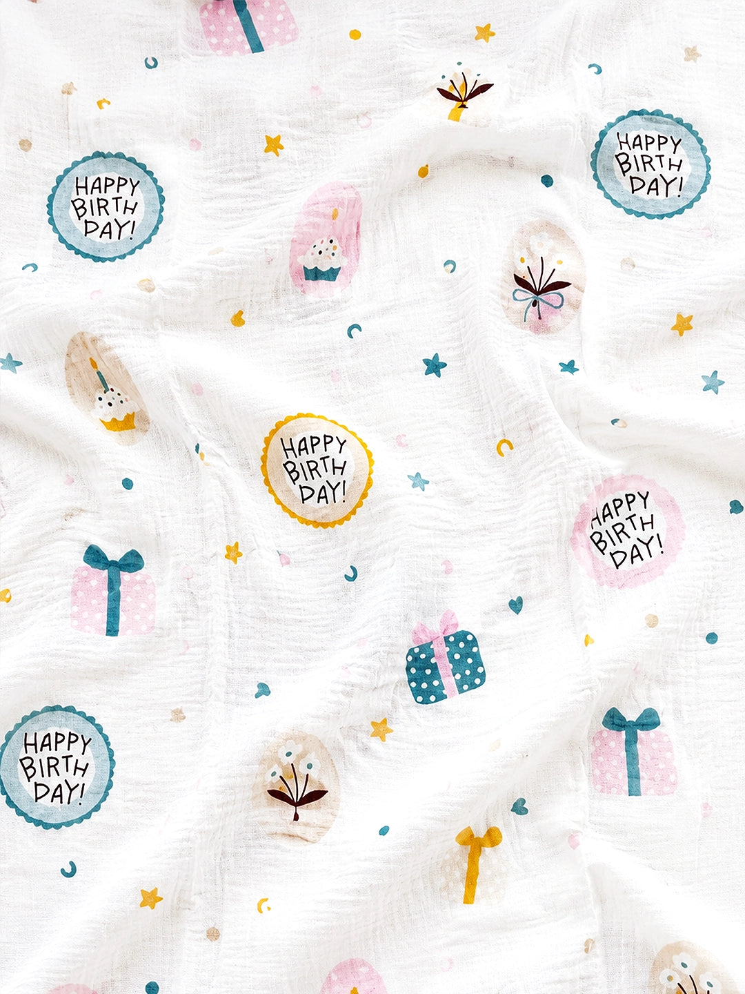 Muslin Cotton Baby Swaddle Set Of - 2 | Breathable & Soft | Happy Birthday Celebration Design