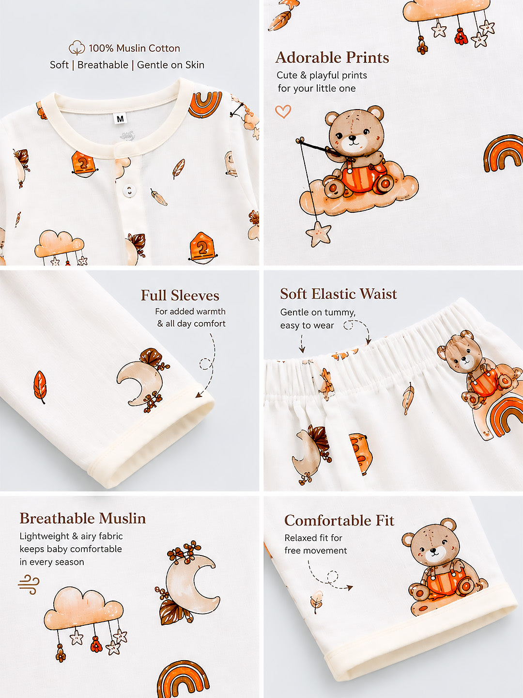 Rainbow Bear Baby Co-ord Set | 100% Muslin Cotton | Full Sleeve Top & Full Pants | 0–12 Months