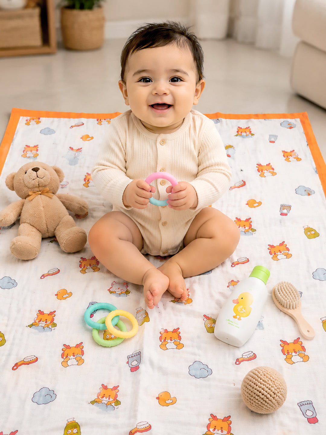 Bath Time Lion 6-Layer Muslin Cotton Baby Blanket | All-Season | 110×110 cm