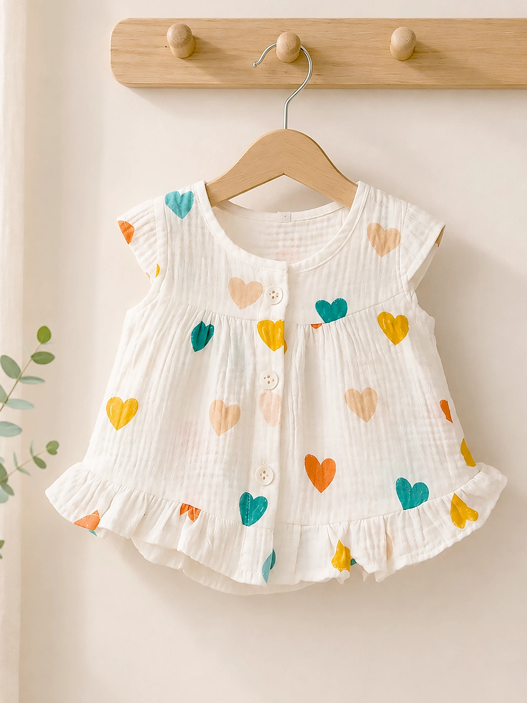 Colourful Hearts Baby Girl Frock | Muslin Cotton | Cap Sleeve & Ruffle Hem | 0–6 Months