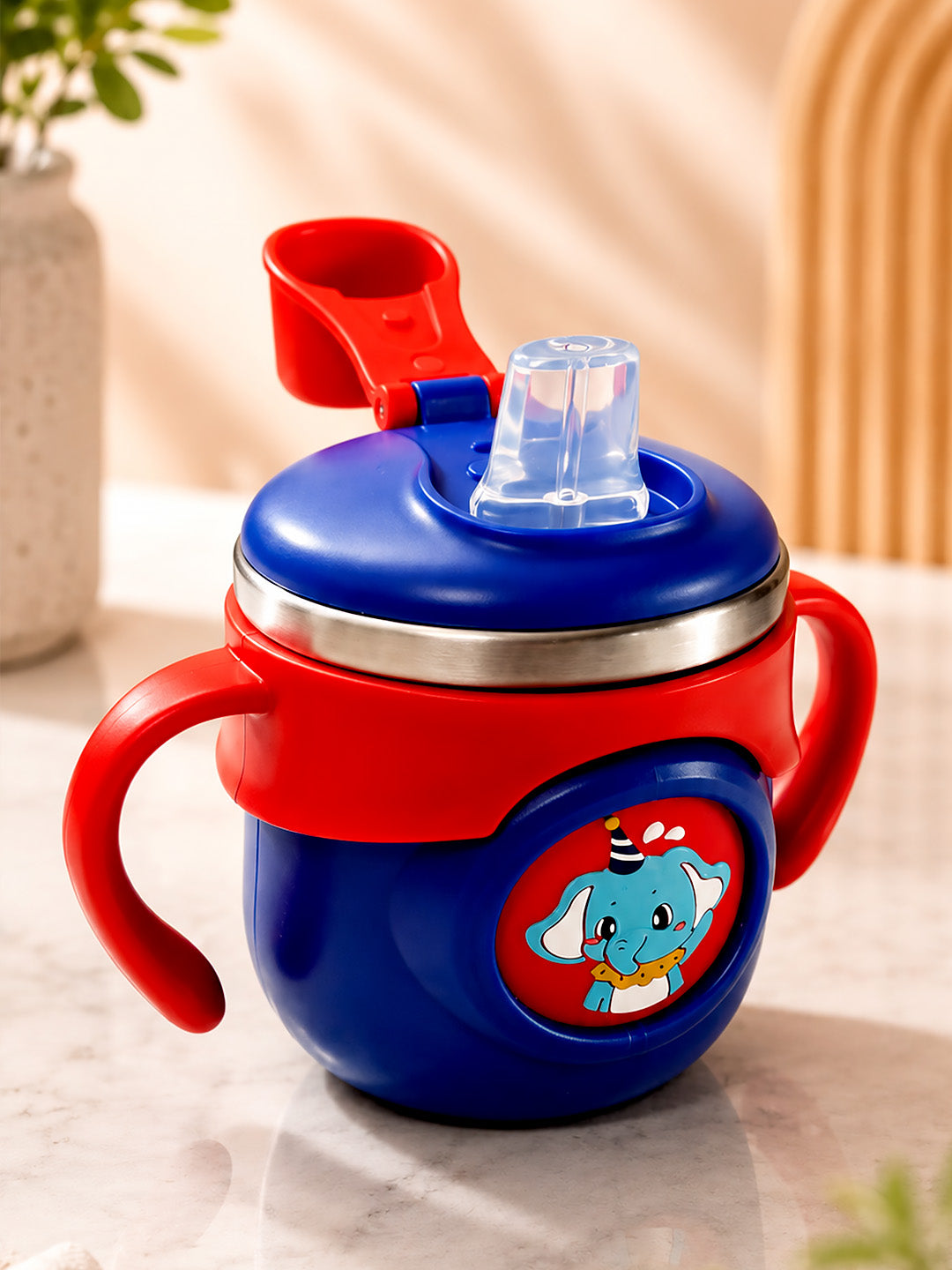 Elephant Stainless Steel Sipper Bottle for Babies & Toddlers — 250ml | Spill-Proof Spout, Flip Straw & Dual Handles