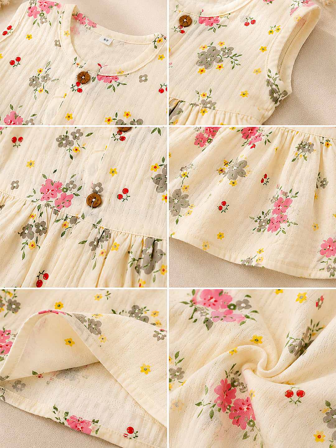 Floral Ditsy Baby Girls Muslin Frock | Sleeveless A-Line Dress | Wooden Buttons | 0–12 Months