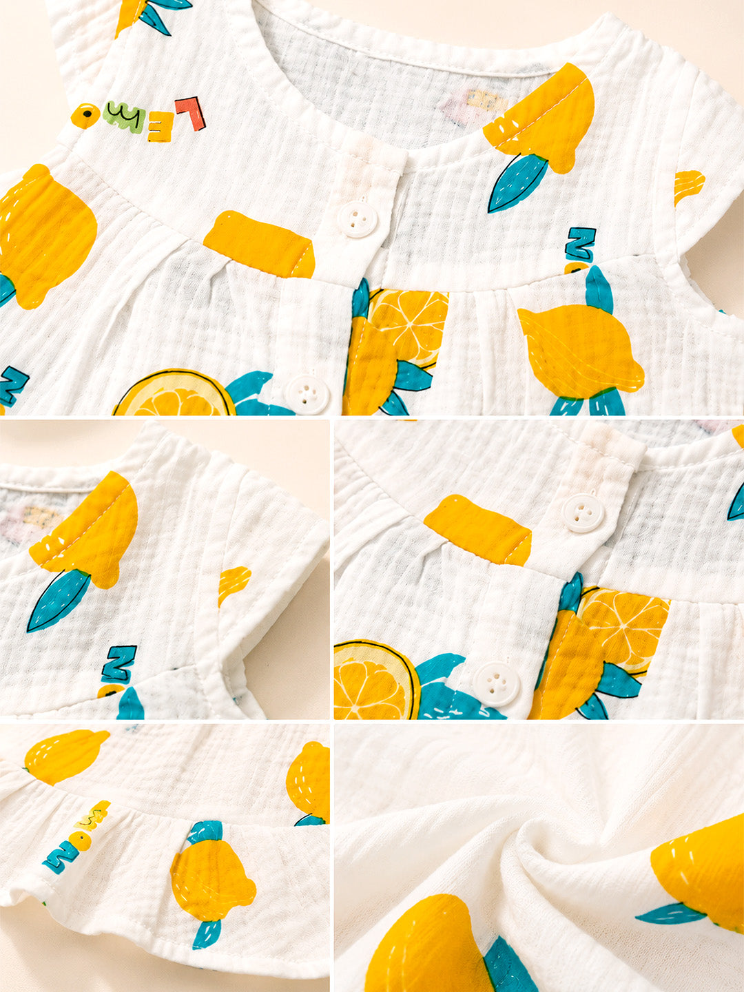 Lemon Print Baby Girl Muslin Frock | Sleeveless Flutter Sleeve Dress | Button Placket & Ruffle Hem