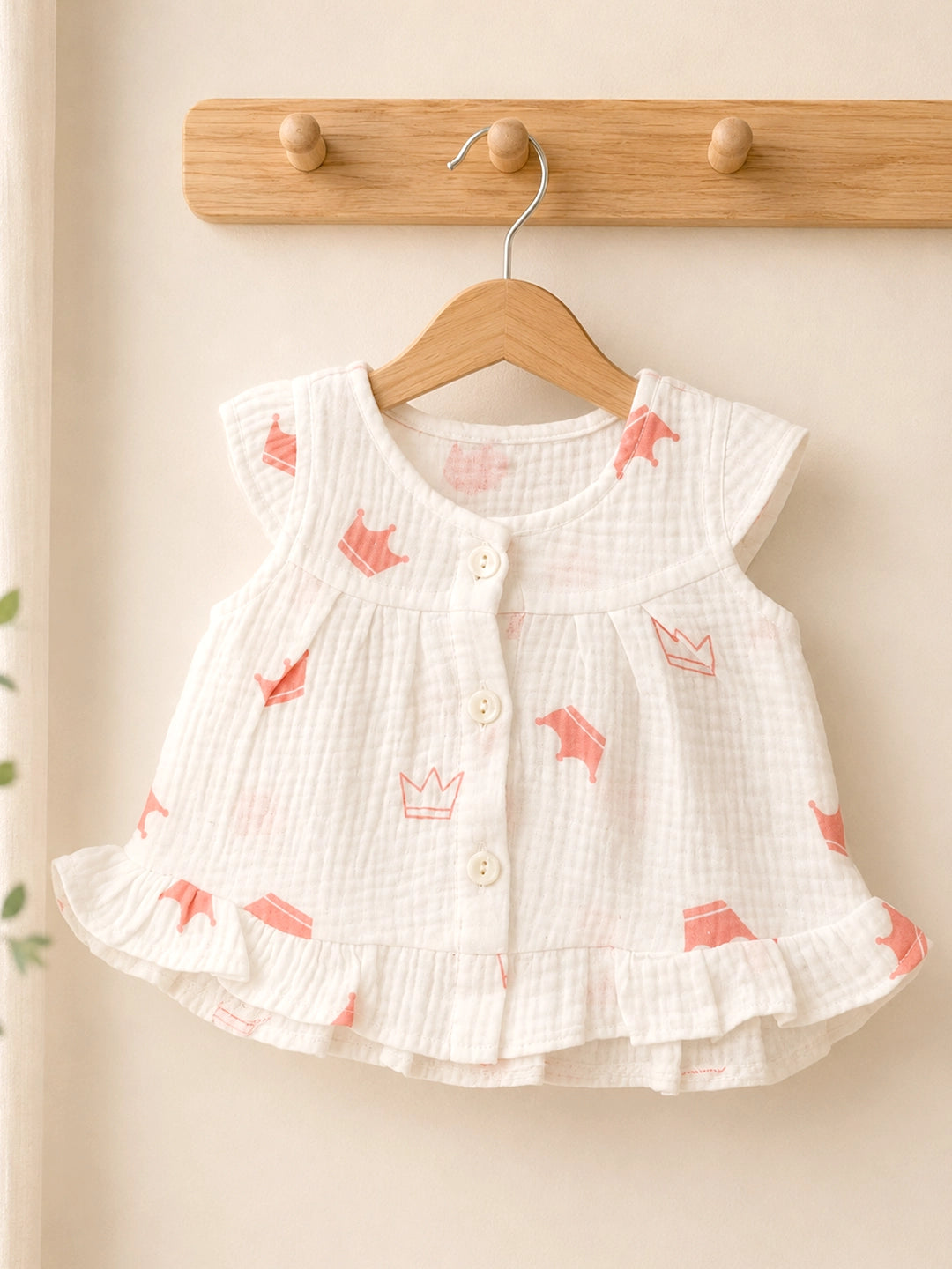 Little Princess Baby Frock | Muslin Cotton | Crown Print | Flutter Sleeves & Ruffle Hem | 0–6 Months