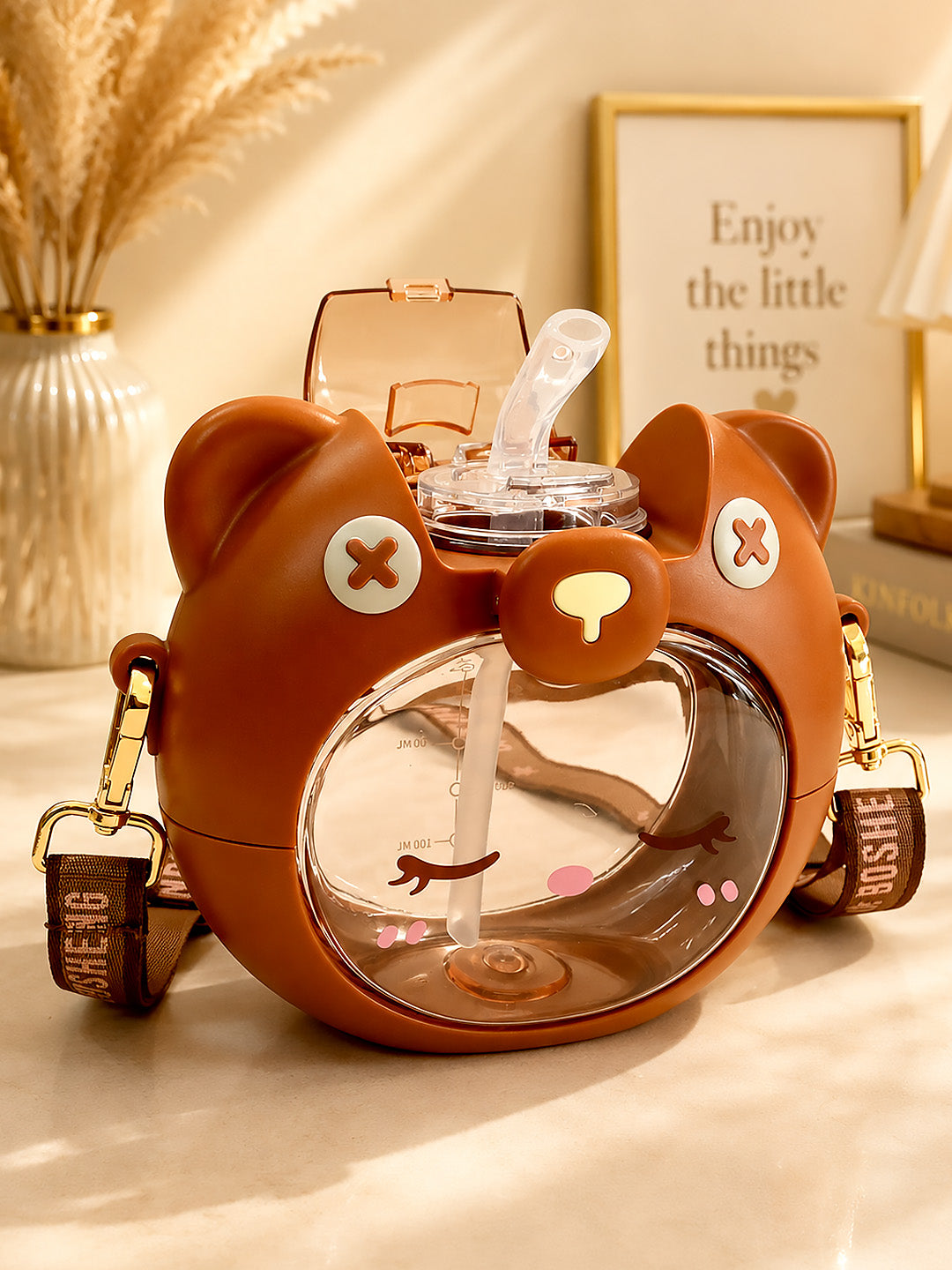 3D Bear Kids Water Bottle — 630ml | Flip Lid, Straw & Crossbody Strap