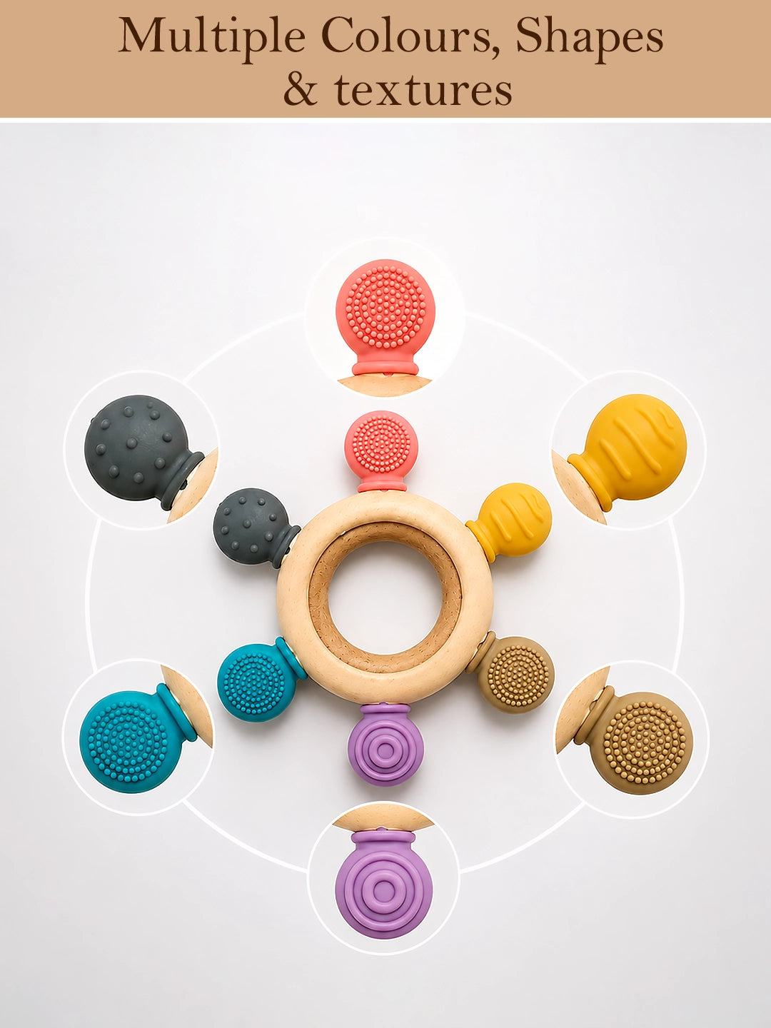 Multi-Texture Silicone & Wood Baby Teether Ring | BPA Free | 5 Sensory Beads