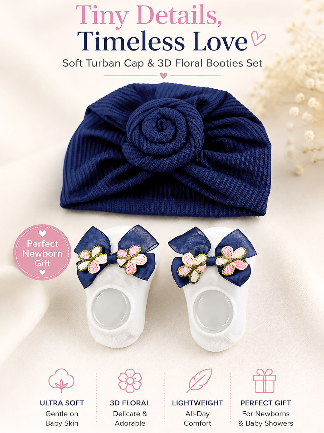 Baby Girl Soft Turban Cap & 3D Floral Booties Set | Navy Blue | Infant Party Wear Gift Set
