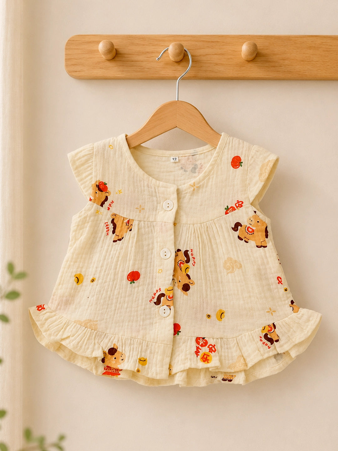 Happy Pony Baby Girl Frock | Muslin Cotton | Flutter Sleeve & Ruffle Hem | 0–6 Months