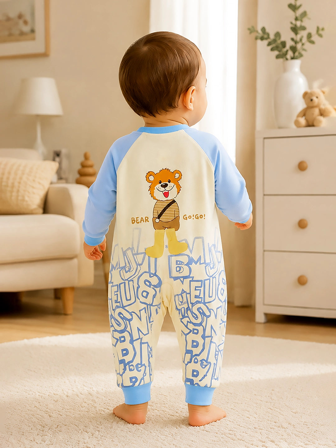 Blue Bear Baby Romper | Full Sleeve | Snap Button | Footless | Premium Cotton | 0–12 Months